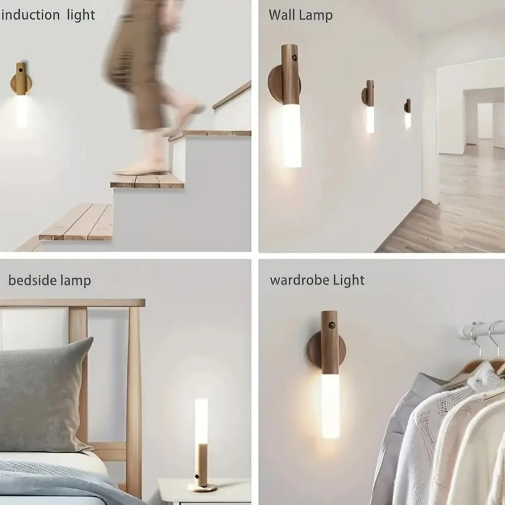 Luce notturna con sensore di movimento, luce notturna ricaricabile con sensore corporeo per interni, applique da parete a LED in legno magnetico per camera da letto, corridoio, scala, mobile, luce notturna intelligente a induzione del corpo umano