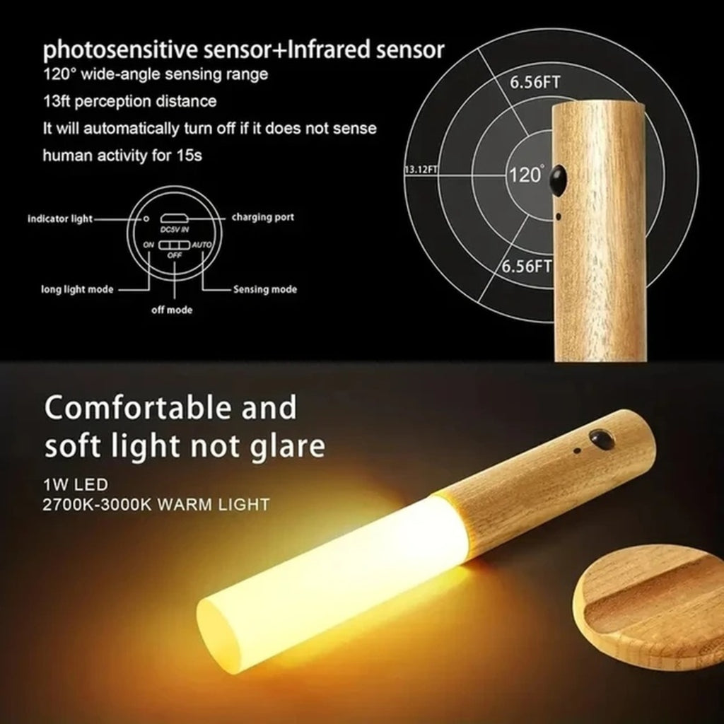 Luce notturna con sensore di movimento, luce notturna ricaricabile con sensore corporeo per interni, applique da parete a LED in legno magnetico per camera da letto, corridoio, scala, mobile, luce notturna intelligente a induzione del corpo umano